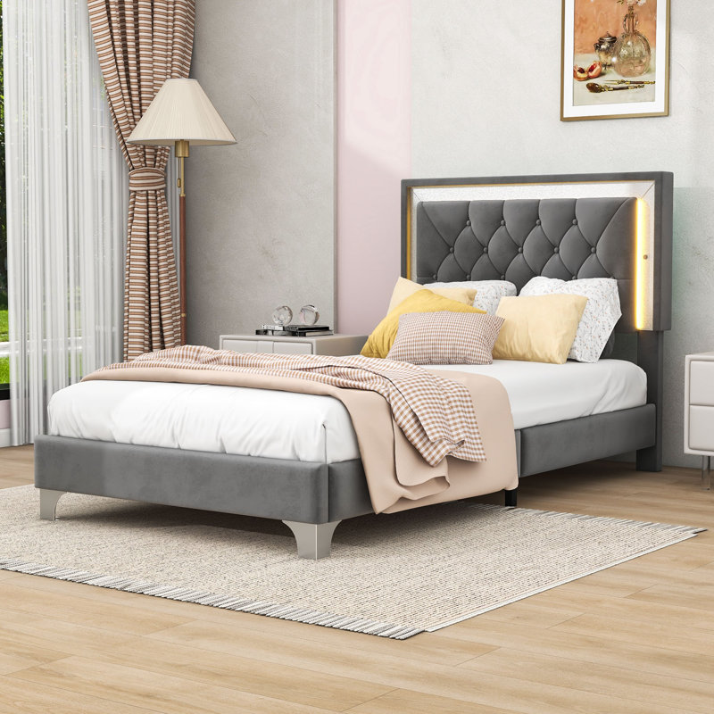 Twin Upholstered Bed with Tufted Headboard and LED Wrought Studio Color Gray